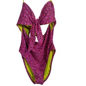BCBGeneration Bathing Suit XL Pink Purple Cat Animal Print Cutout Neon Bandeau